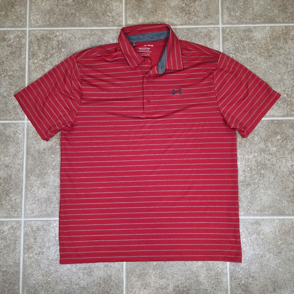 Under Armour Playoff Polo XL Red Gray Stripe Golf Shirt